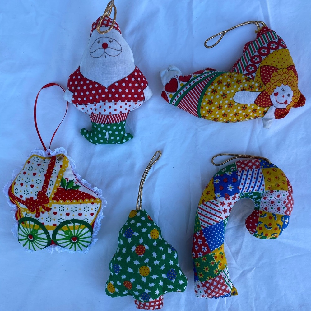 5 Vintage Stuffed Ornaments Lot Santa Angel Tree